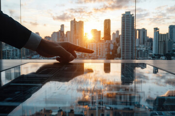 Poster - Professional hands analyzing business charts against abstract cityscape during meeting at sunset