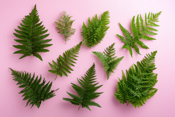 Poster - Vibrant green ferns displayed on soft pink background closeup nature photography artistic environment macro viewpoint