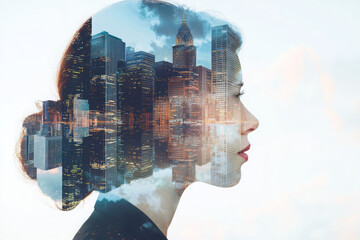 Poster - Businesswoman presenting to team in dynamic double exposure with skyscraper reflection office environment professional concept