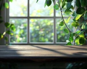 Wall Mural - sunlit wooden table near window with green vines.
