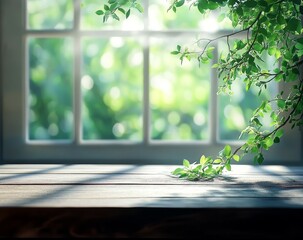 Wall Mural - sunlight through window, wooden surface, green leaves.