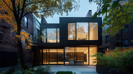 Poster - Modern urban townhouse with private courtyard soft lighting architectural features city setting evening view