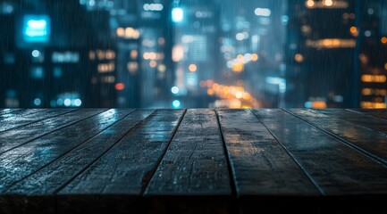 Fototapete - Wet wooden table in rainy city night.