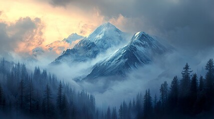 Wall Mural - Majestic Winter Mountain Landscape: Fog, Snow, and Serenity