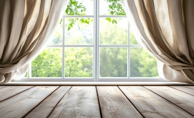 Wall Mural - wooden windowsill with curtains and lush green view.