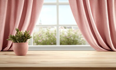 Wall Mural - pink curtains frame a window view with a plant on a wooden sill.