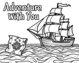  Adventure Sailing Ship with Treasure Map Ocean