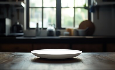 Poster - Empty white plate on rustic wooden table in kitchen.