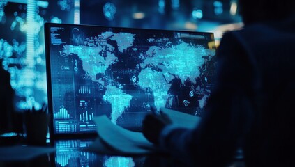 Poster - Person analyzing global data on a large screen.