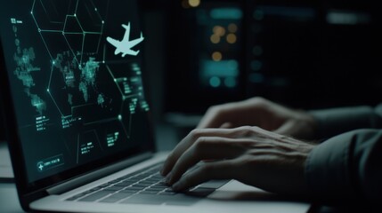 Poster - Person tracking flight on laptop with world map.