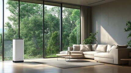 Wall Mural - Modern Living Room with Air Purifier and Panoramic Forest View