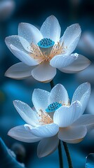 Poster - Exquisite Dew Covered Lotus Flowers in Bloom with Blue Background : Generative AI