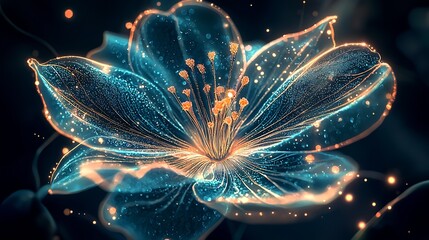 Poster - Captivating Glowing Blue Blossom with Radiant Light Effects and Dark Background : Generative AI