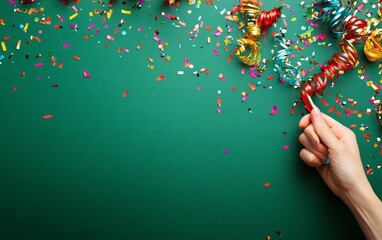 Poster - Hand holding party streamers & confetti on green background.