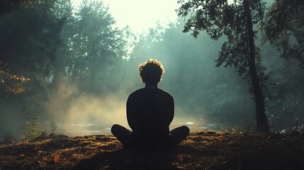 Aufkleber - Solitary silhouette meditates amidst tranquil misty forest at sunrise : Generative AI
