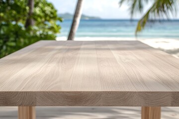 Wall Mural - empty light wood table on tropical beach.