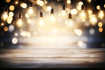 Poster - Glowing string lights above rustic wooden table.