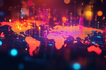 Poster - Dynamic Global Network Map with Light Particles and Neon Lines on World Background : Generative AI