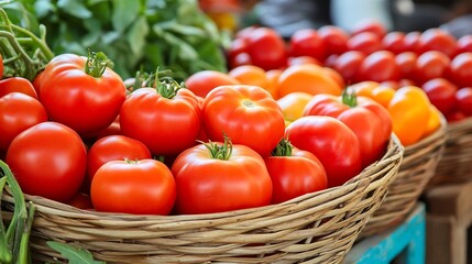 Wall Mural - Fresh Red and Colorful Tomatoes in Woven Basket at Outdoor Market : Generative AI