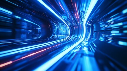 Poster - Futuristic High-Speed Blue Light Tunnel Digital Illusion Cyberworld : Generative AI