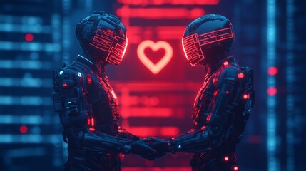 Poster - Futuristic Robots Connected by Love in a Neon Cityscape Embrace, Illuminating Technology and Emotion in a Cybernetic World with a Heart Symbol
