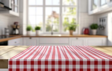 Poster - Red checkered tablecloth on wooden kitchen table. (8)
