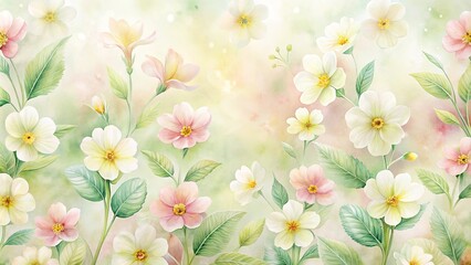 Wall Mural - Delicate Watercolor Painting of Blooming Flowers with Soft Pastel Hues and Lush Greenery