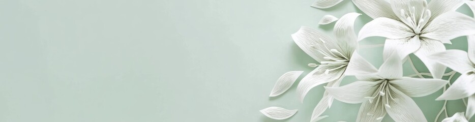 Poster - White lily flowers on pastel green backdrop, delicate floral pattern.