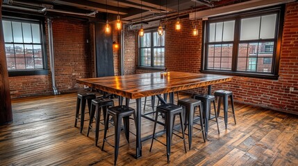 Poster - Brick room with wooden table and metal chairs.