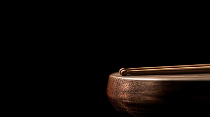Poster - Brown drum with wooden drumsticks on a dark background.