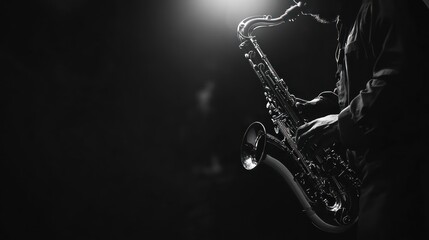 Aufkleber - Musician playing saxophone in dark stage spotlight.