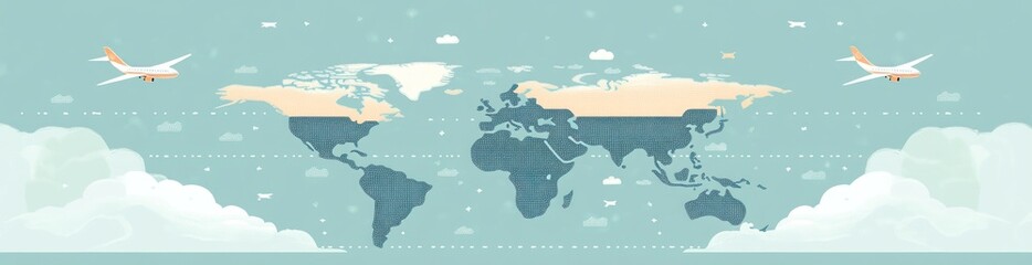 Aufkleber - Global travel illustration with planes and world map.