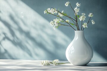 Wall Mural - White blossoms in a simple white vase against a blue wall