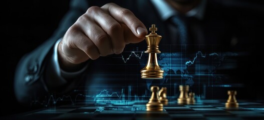 Poster - Businessman makes strategic chess move on digital interface.