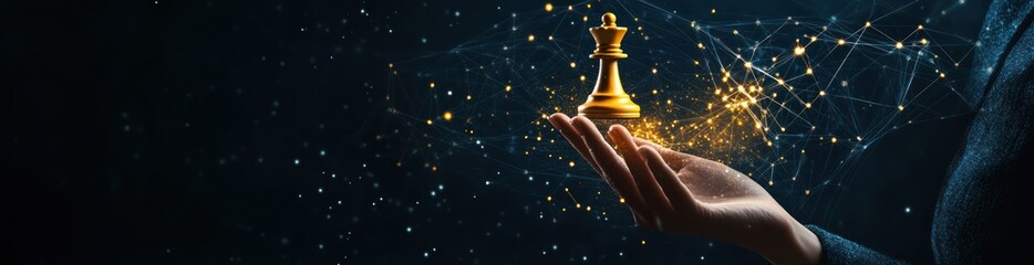 Poster - Hand holding golden chess queen, digital connections.
