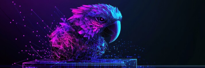 Poster - Neon eagle head with digital geometric patterns on a dark background.