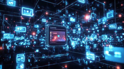 Poster - Abstract network of glowing icons with digital interface.
