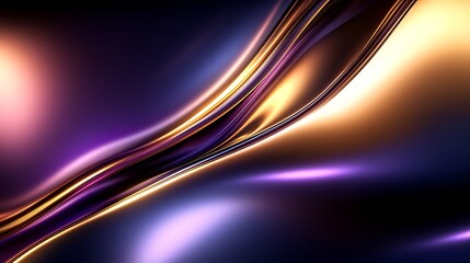 Poster - Vibrant digital art composition with flowing layered metallic waves in purple and golden tones : Generative AI