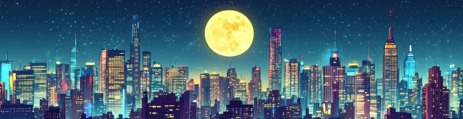 Poster - Cityscape at night with bright moon and stars.