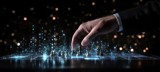 Poster - Hand moving chess piece on futuristic glowing digital board.