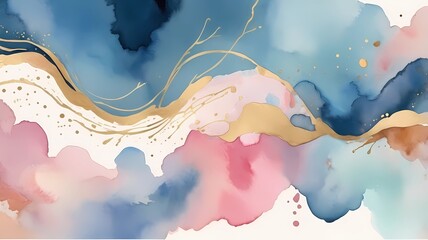 Fototapete - Watercolor art background vector. Wallpaper design with paint brush and gold line art. Earth tone blue, pink, ivory, beige watercolor Illustration for prints, wall art, cover and invitation cards.