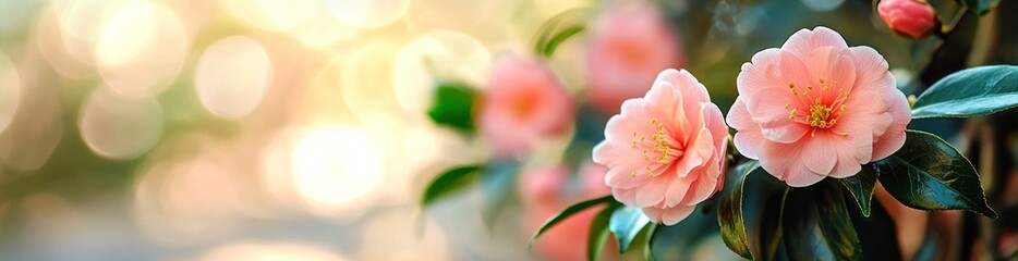 Fototapete - Pink camellias bloom with soft bokeh background.