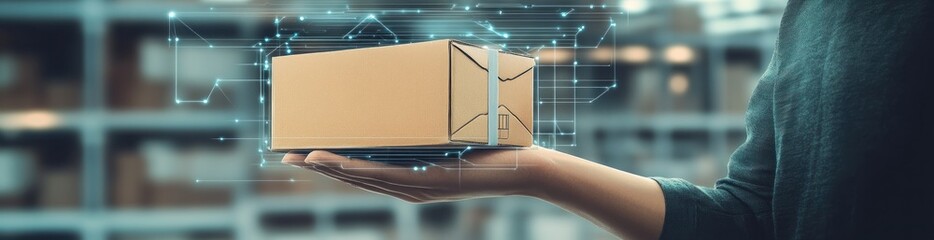 Poster - Hand holds box with digital lines; warehouse.
