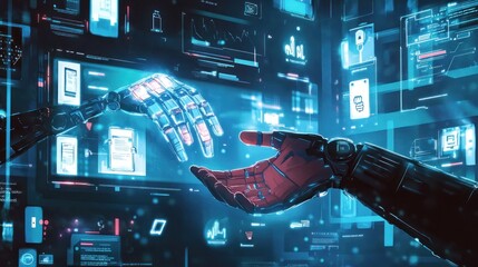 Fototapete - two robot hands reach in front of a digital user interface.