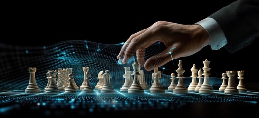 Poster - Hand moving chess piece on digital chessboard.