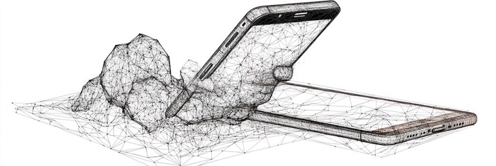 Poster - Abstract wireframe phones with digital disruption effects.
