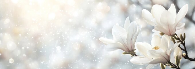 Poster - Blooming white magnolia blossoms with bokeh.