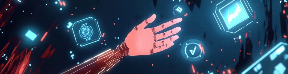 Aufkleber - Robotic hand reaching for glowing icons.
