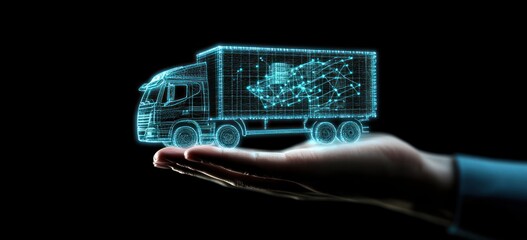 Fototapete - Hand holds wireframe truck with dotted line path.