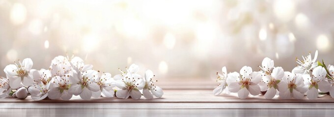Poster - White blossoms on wood against a bokeh background.